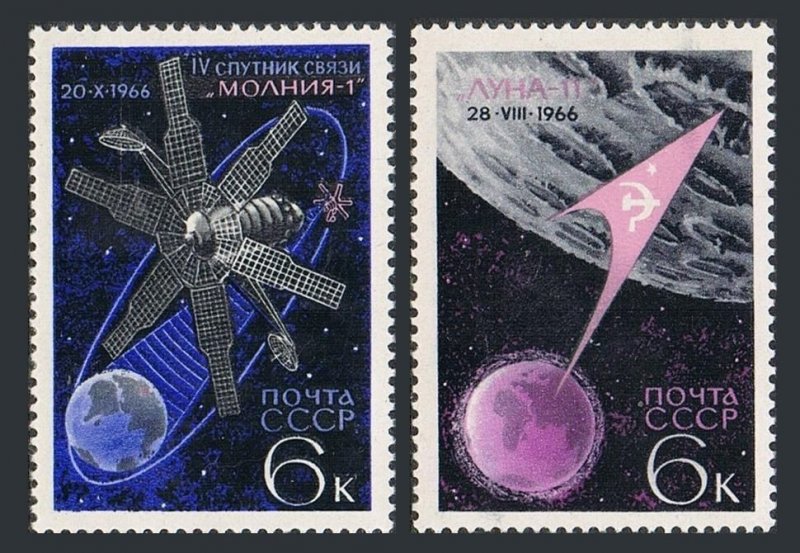 Russia 3288-3289,MNH.Michel 3311-3312.  Spacce,1966.Molniya 1,Luna 11 moon probe