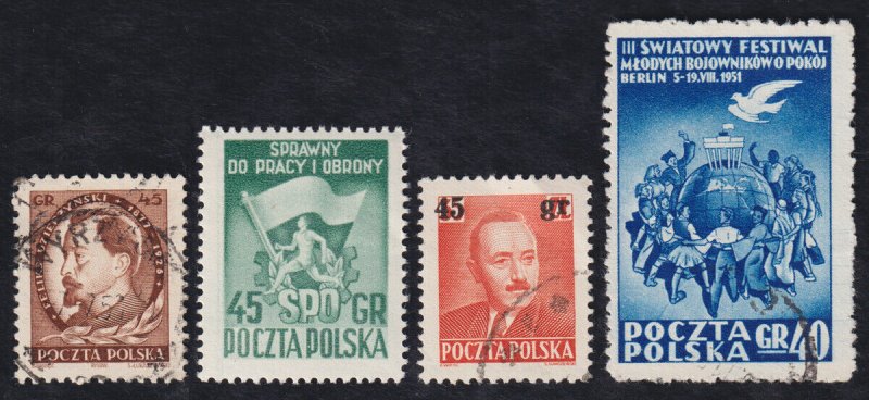 Poland Scott 517, 521, 522, 523 (1951) Used/Mint NH F-VF C 