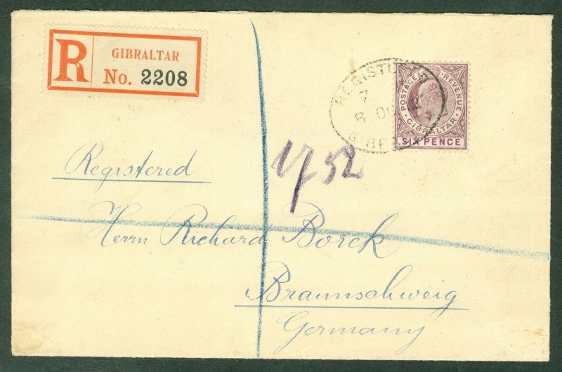 SG 70 Gibraltar 1906-11, 6d dull & bright purple on registered envelope...