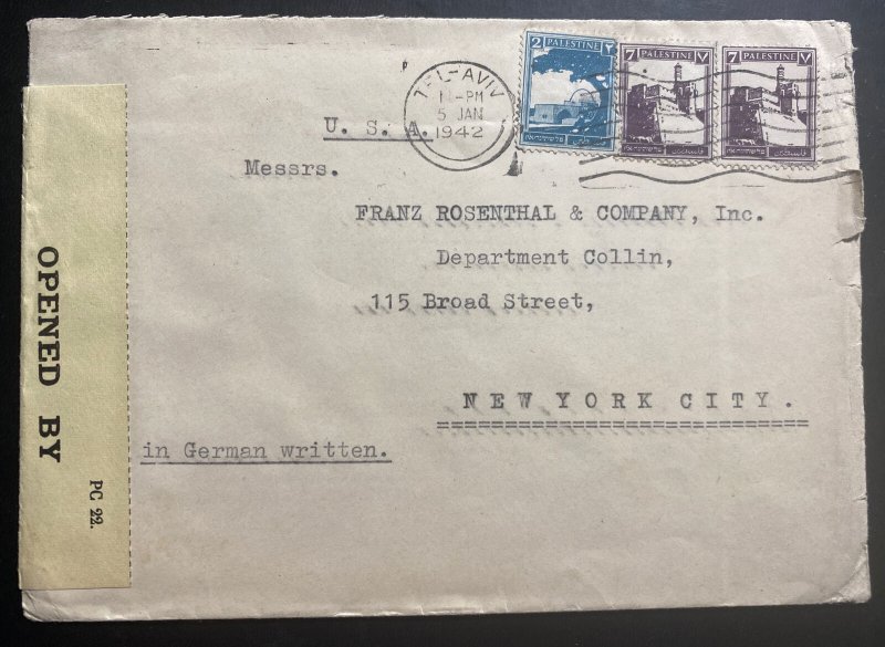 1942 Tel Aviv Palestine Airmail Censored Cover To Rosenthal Co New York USA 