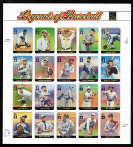 US #3408 33c Legend of Baseball, Sheet, VF mint never hinged, Fresh Sheet