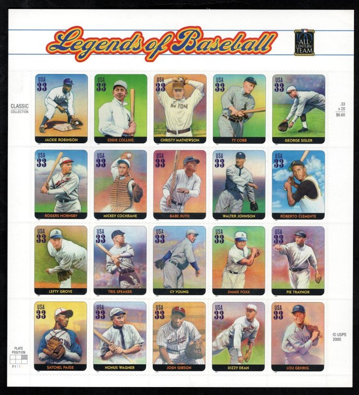 US #3408 33c Legend of Baseball, Sheet, VF mint never hinged, Fresh Sheet