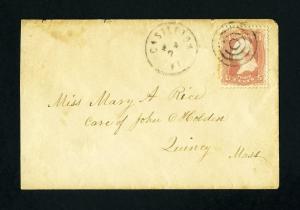 # 65 on cover from Castleton, Vermont to Quincy, Massachusetts from 1860's