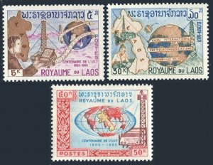 Laos 109-111, MNH. Michel 160-162. ITU-100, 1965. Map, Satellite, Radio.