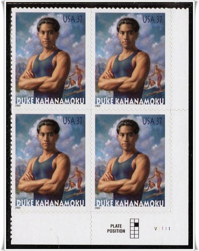 SC#3660 37¢ Duke Kahanamoku Plate Block: LR #V1111 (2002) SA