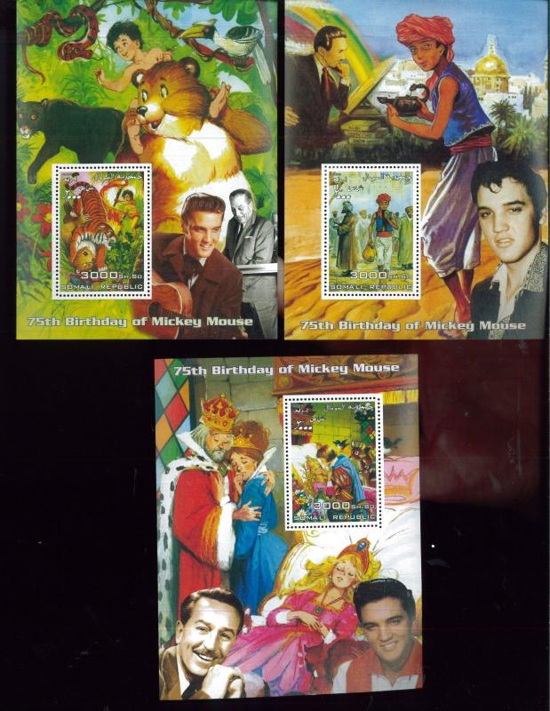 ELVIS PRESLEY + WALT DISNEY Souvenir Sheet Set x3 MNH - Somalia & Rep E19