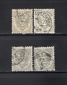 Austria 1883 Coat of Arms 20Kr Perf 10.5, 4 Stamps, One With Watermark Used