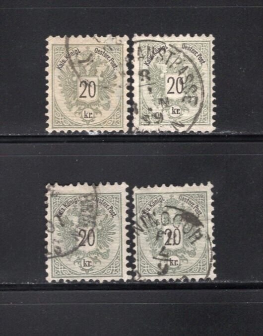 Austria 1883 Coat of Arms 20Kr Perf 10.5, 4 Stamps, One With Watermark Used