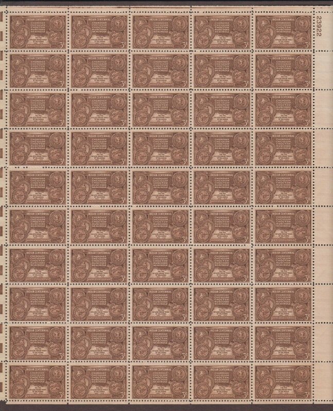 US,972,INDIAN CENTENNIAL,MNH VF, FULL SHEET,1940'S COLLECTION,MINT NH ,VF