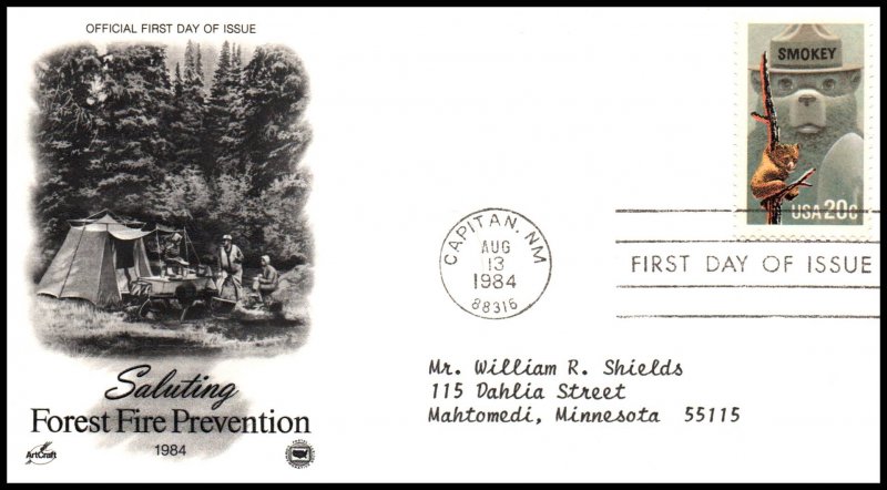 US 2096 Smokey Bear PCS Artcraft Variety Typed FDC