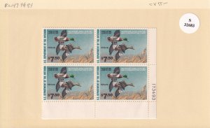 U.S.: Sc #RW47, $7.50 Mallards Federal Duck Stamp, Plate Block/4, MNH (F32683)