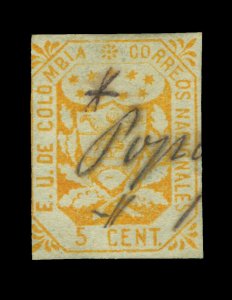 COLOMBIA 1864  Coat of Arms 5c orange Scott# 30 used Popayan manuscript cancel