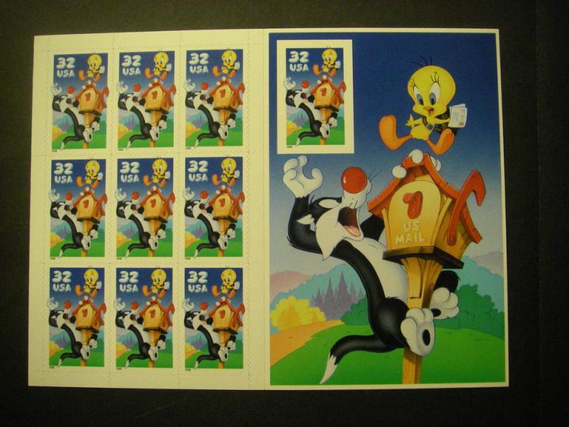 Scott 3205, 32c Sylvester& Tweety, pane of 10, IMPERF single, MNH Beauty