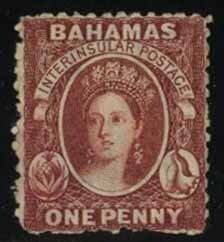 Bahamas #11a Cat$120, 1863 1p brown lake, part original gum