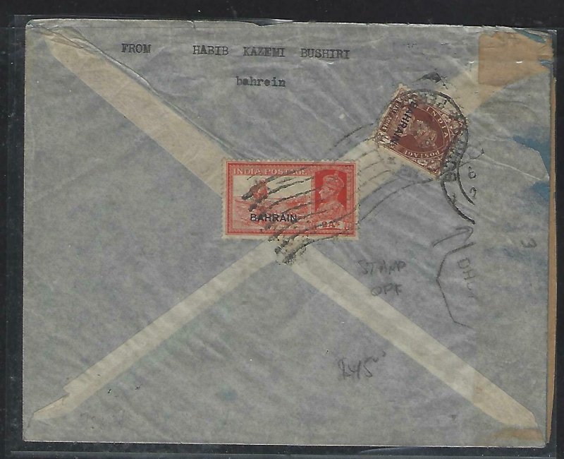 BAHRAIN  (P2608B)  KGVI ON INDIA 2A+1/2A+MISS STAMP CENSOR A/M TO INDIA.  CHEAP