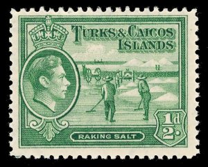 Turks & Caicos 1938 KGVI ½d yellowish green MNH. SG 195. Sc 79.