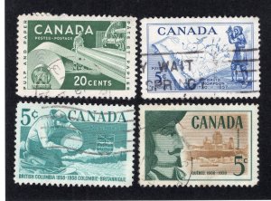 Canada 1956-58 Group of 4 Commemoratives, Scott 362, 370, 377, 379 used