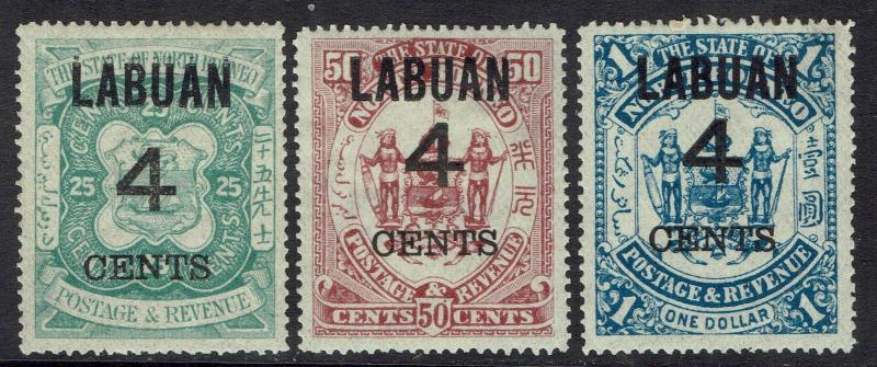 LABUAN 1899 4 CENTS OVERPRINTED ARMS 25C 50C AND $1 