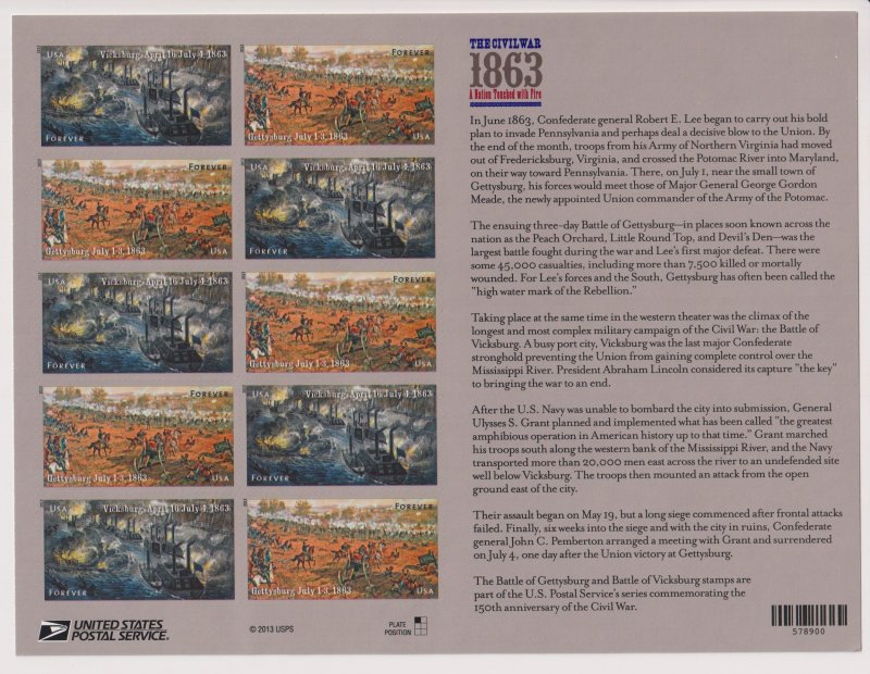 U.S.: Sc #4787-88, Civil War 1863, Forever Stamps, MNH, Sheet of 12 (S30266)