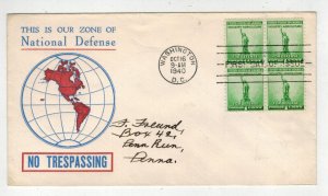 Patriotic FDC 1940 NATIONAL DEFENSE 899-35LINPRINT CACHET BLOCK OF 4