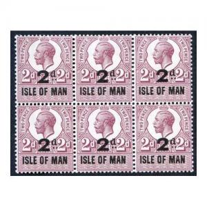 Isle of Man 1921 KGV 2d on 2d Revenue Stamp U/M Block of Six