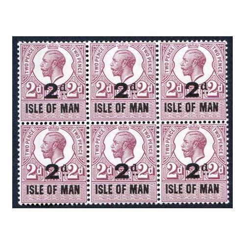 Isle of Man 1921 KGV 2d on 2d Revenue Stamp U/M Block of Six