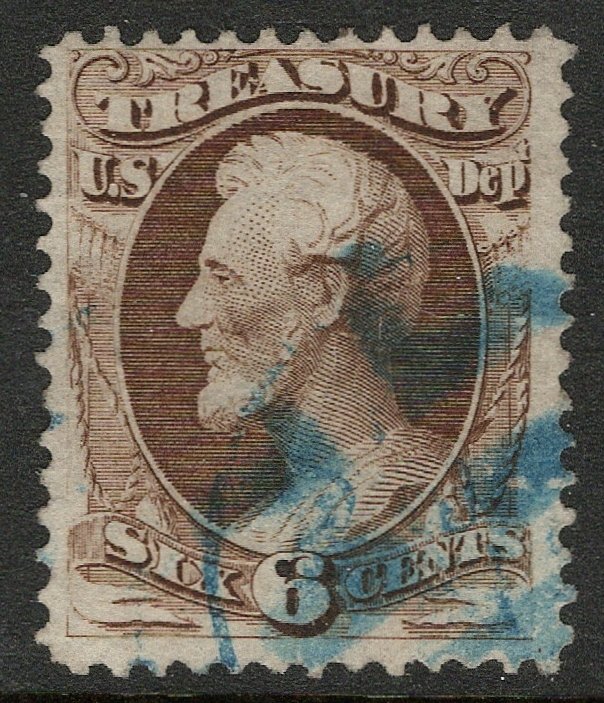 Scott O75, Used, 6c Treasury, Light Blue Geometric Cancel, Edge Tear