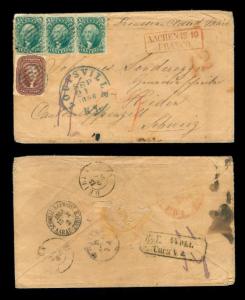MOMEN: US STAMPS #32 STRIP OF 3 & #28 USED ON COVER TO SWITZERLAND P2073R 