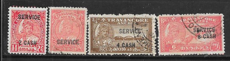 India- Travancore #O57-O60  (U) CV $4.10