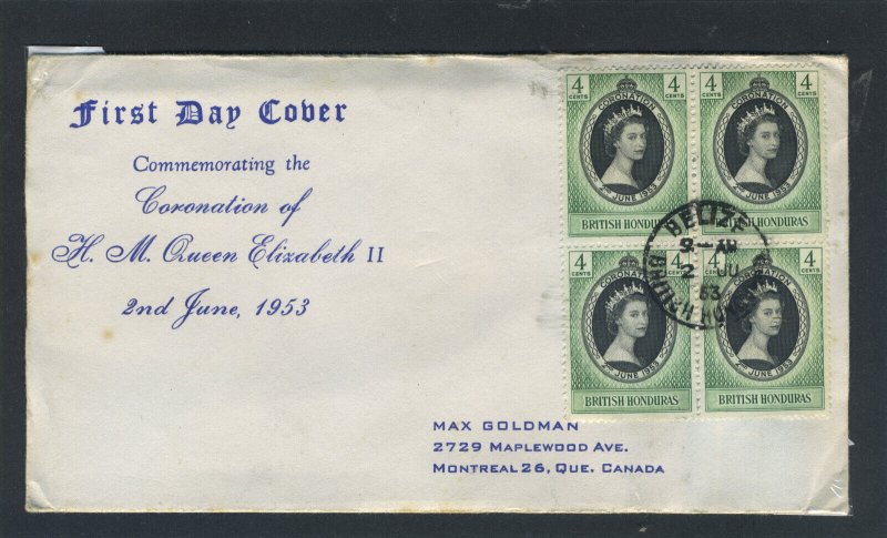 British Honduras 1953 QEII Coronation block of four on First Day Cover. 