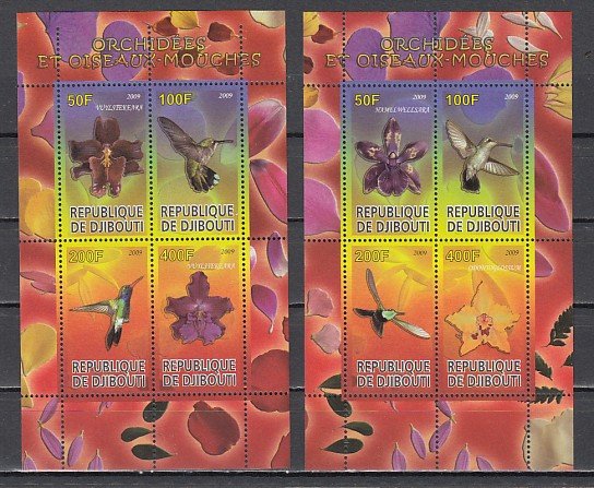 Djibouti, 2009 Cinderella issue. Birds & Orchids on 2 sheets of 4.