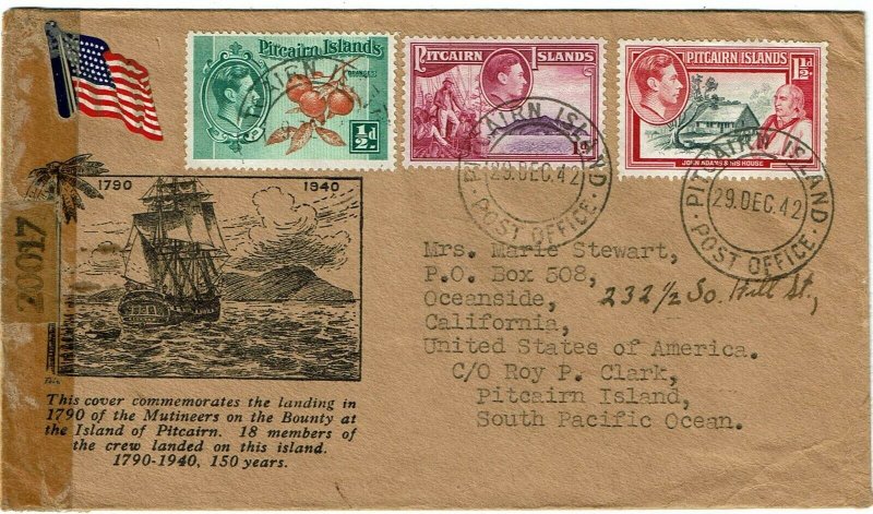 Pitcairn Island 1942 cover to the U.S., censored in the U.S., labels