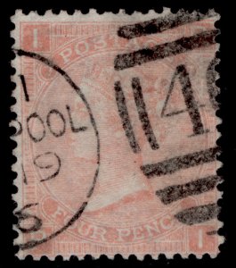 GB QV SG93, 4d dull vermilion plate 7, FINE USED. Cat £130. CDS PI