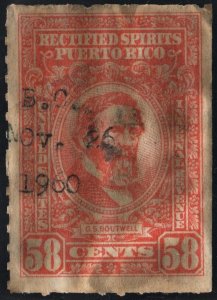 Puerto Rico #RE45 58¢ Rectified Spirits (1942) Used