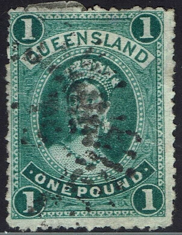 QUEENSLAND 1882 QV LARGE CHALON £1 WMK CROWN/Q SIDEWAYS USED