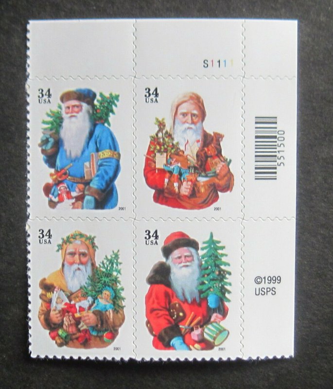 SCOTT #3537-3540 34c PLATE BLOCK OF 4 2001 CHRISTMAS SANTA CLAUS MNH FREE SHIP