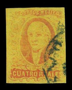 MEXICO 1867 HIDALGO  4r red, yellow - gothic dist.- Scott # 38 used