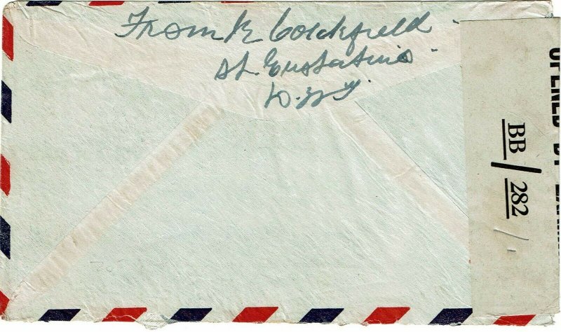 Curacao 1945 St. Eustatius 8 JUNE cancel on cover to U.S., St. Kitts censor LKD