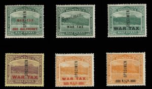 Dominica #MR1-5S (SG 57-60s) Cat£200, 1916-19 War Tax, set of six, overprint...