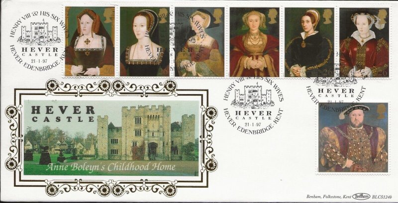 21/1/1997 THE GREAT TUDORS SET OF 7 FDC- OFFICIAL HEVER CASTLE, BENHAM FDC