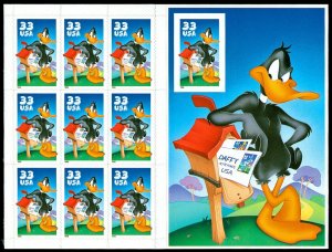 Scott 3307 33c Daffy Duck Mint Sheet of 10 VF NH Die Cut Variety Cat $13