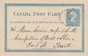 Canada 1c QV Postal Card 1876 Cartwright, Ont. 1851-1887 split ring to Toront...