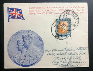 1937 Durban South Africa First All Up Airmail Cover FFC To Birmingham England