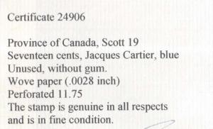 Canada #19 Mint **With Certificate**