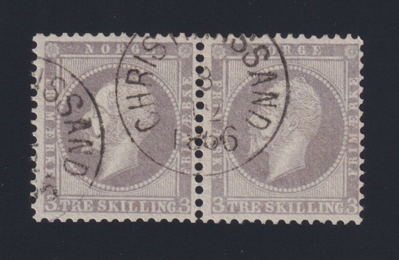 Norway Sc #3 (1857) 3s lilac King Oscar I Pair Used Christiansand CDS VF