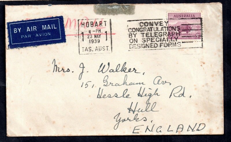 Australia 1939 5d Airmail Slogan cover to England WS14620