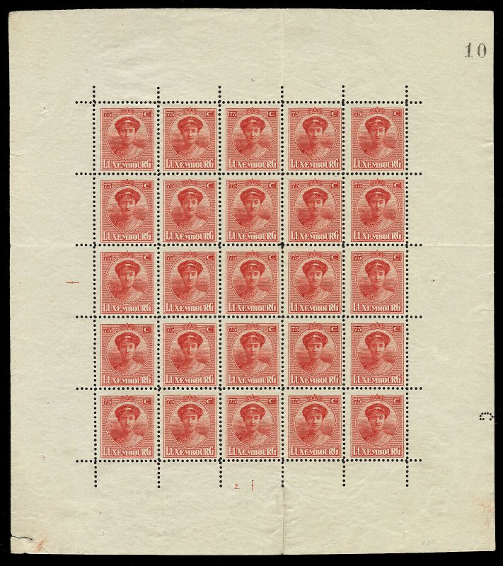 BL10 Luxembourg Scott #146a Duchess Charlotte Sheet of 25 Unused no gum CV=$325