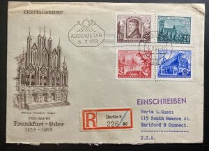 1953 East Berlin DDR Germany First Day Cover FDC To Hartford USA Frankfurt Order