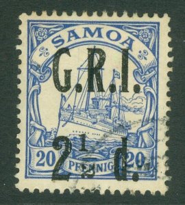 SG 104b Samoa 1914. 2½d on 20pf ultramarine. '1' to the left of '2' in '½'...