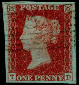 SG8, 1d red-brown, FINE USED. Cat £30+. 4 MARGINS. TD